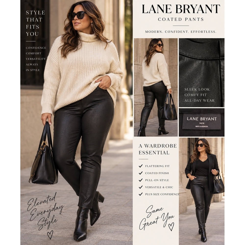 Lane Bryant Black Coated Skinny Pants 14/16 Faux Leather Look Moto Chic